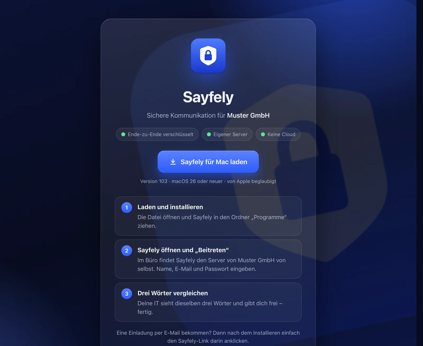 Die Download-Seite eines Sayfely Servers im Browser mit Firmenname, Knopf „Sayfely für Mac laden“ und drei Schritten.