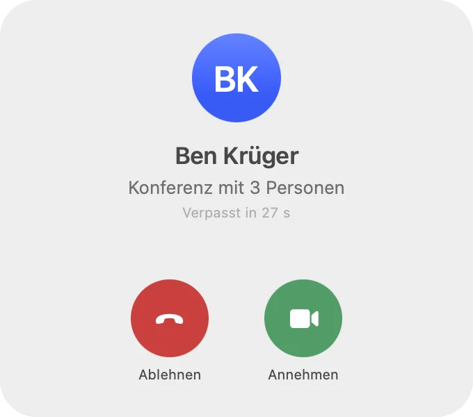 Eingehende Sofort-Konferenz mit Name des Anrufenden, Countdown bis „Verpasst“ und den Knöpfen Ablehnen und Annehmen.