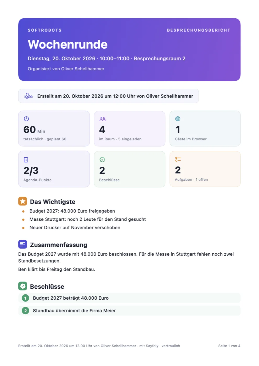 First page of a meeting report as a PDF: “Wochenrunde” with length, attendees, agenda progress, decisions and tasks as figures, followed by key points, summary and decisions.
