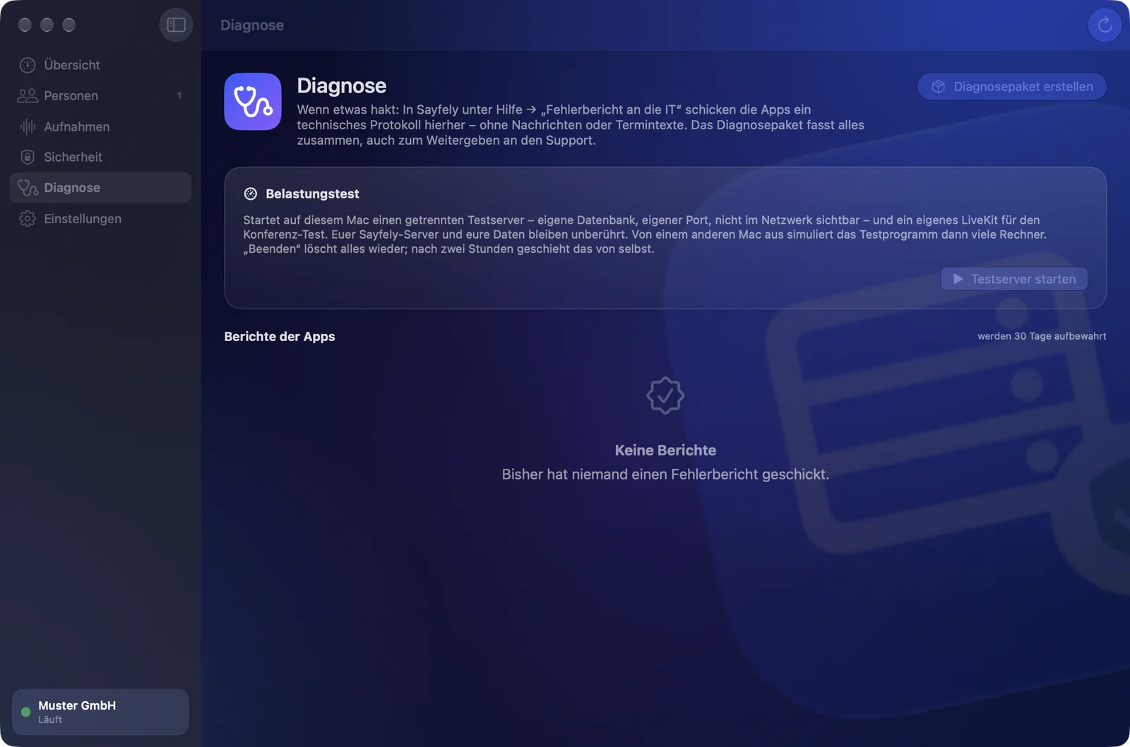 Sayfely Server: Diagnose mit Diagnosepaket, Belastungstest und Berichten der Apps
