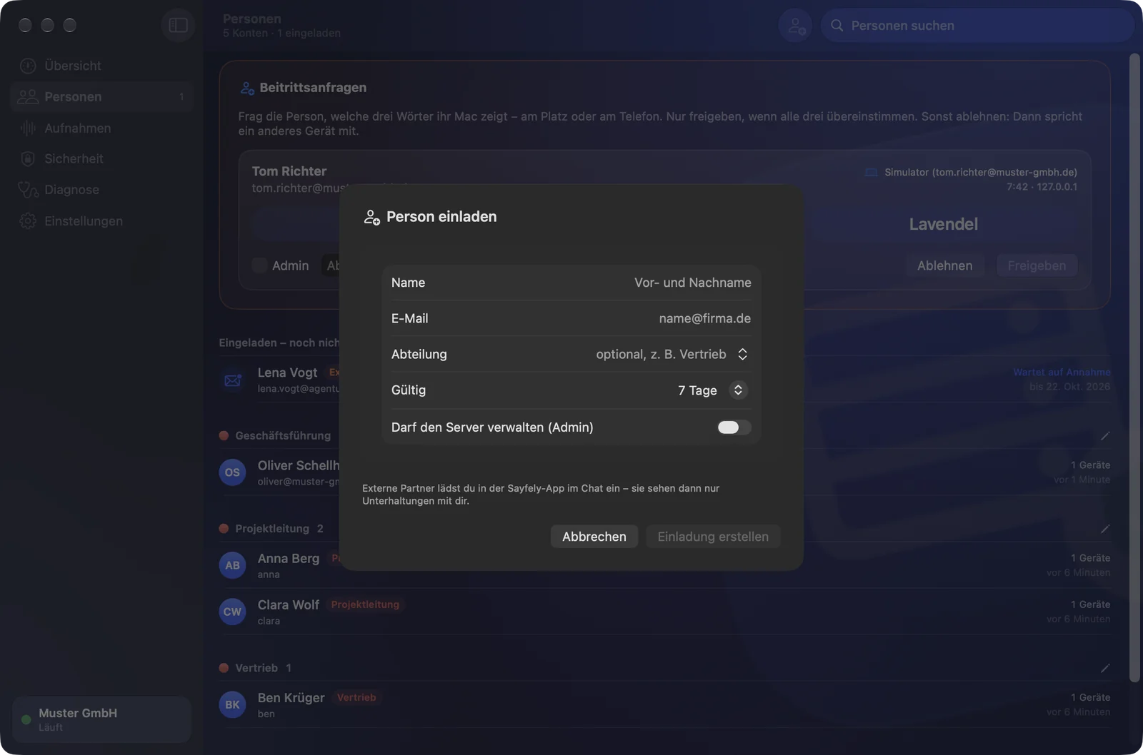 Sayfely Server: Person einladen mit Name, E-Mail, Abteilung, Gültigkeit und Admin-Schalter