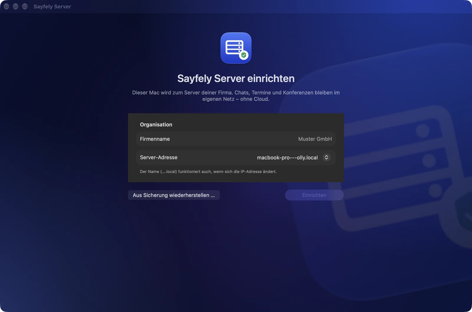 Sayfely Server: Ersteinrichtung mit Firmenname, Server-Adresse und Knopf Einrichten