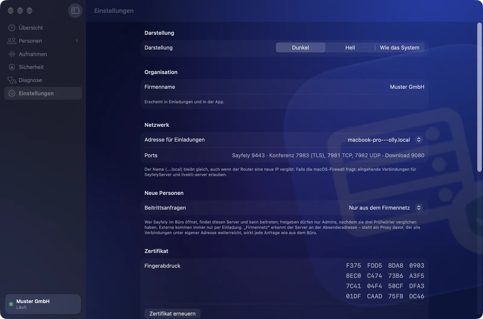 Sayfely Server: Einstellungen mit Darstellung, Organisation, Netzwerk, Neue Personen, Zertifikat, Sicherung, Version und Wartung