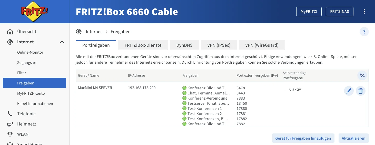 FRITZ!Box: Internet → Freigaben → Portfreigaben mit den Freigaben für den Sayfely-Server-Mac