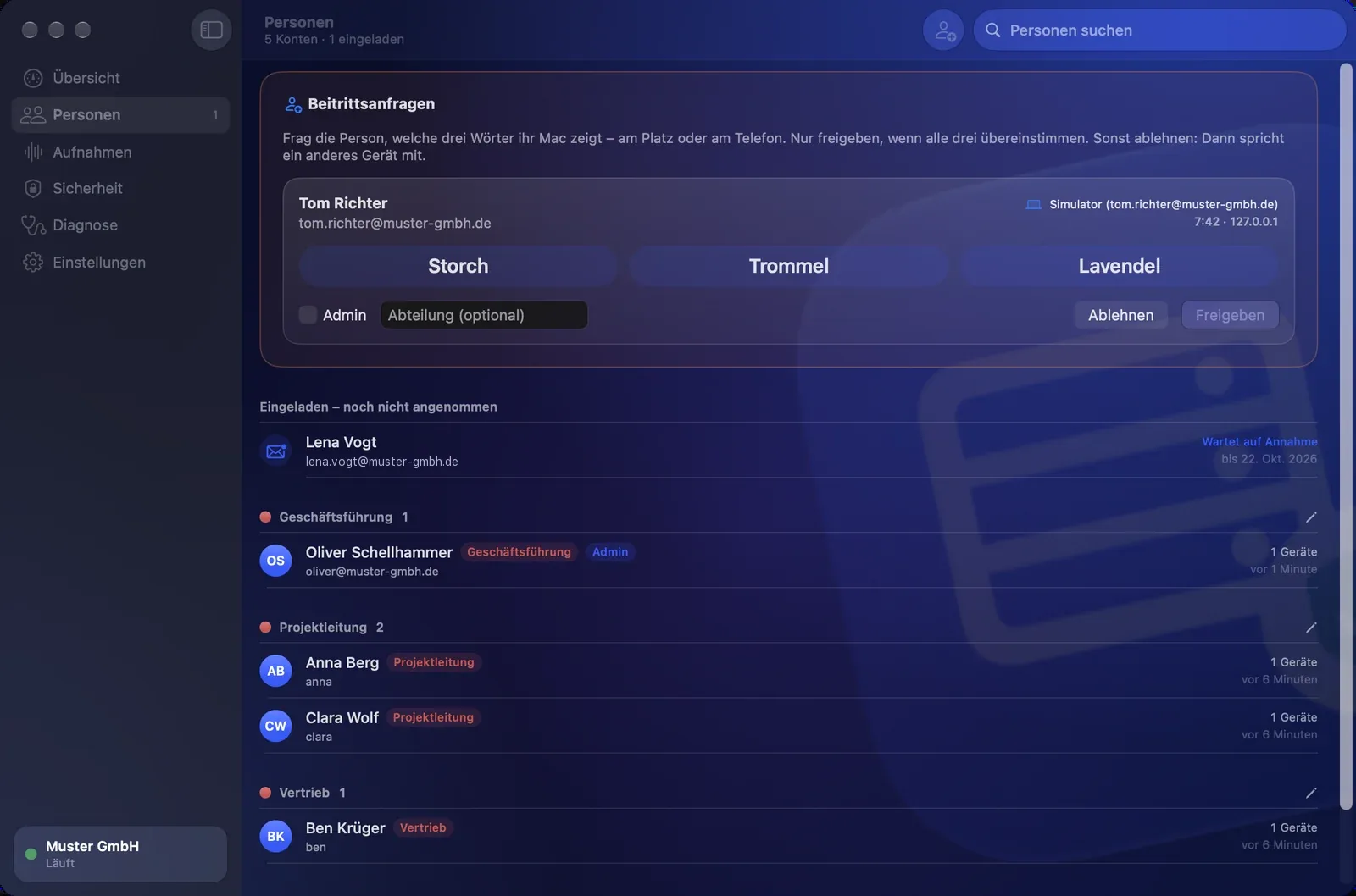 Sayfely Server: Personen mit Beitrittsanfrage, offener Einladung und den Abteilungen