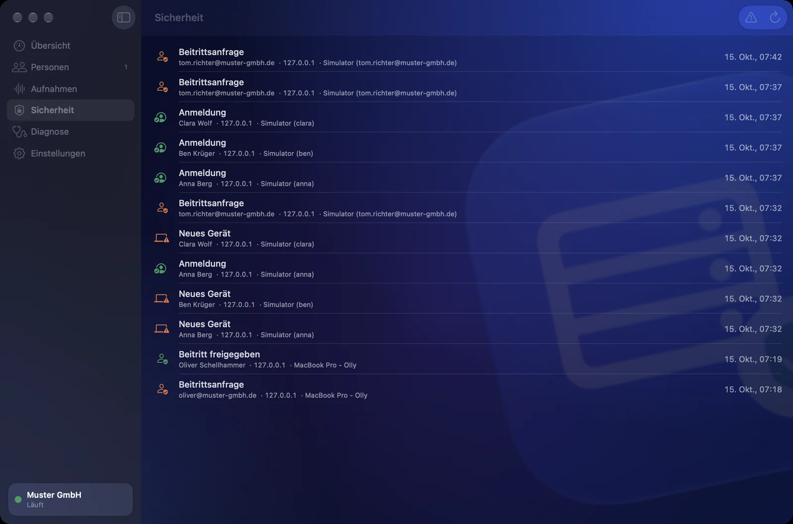 Sayfely Server, Bereich Sicherheit: Liste der Sicherheitsereignisse mit Art, Person, Adresse, Gerät und Zeit