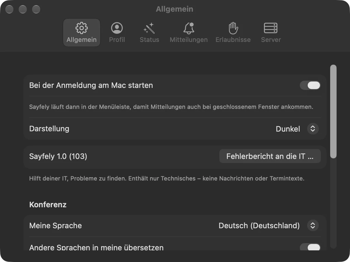 Einstellungen, Reiter Mitteilungen mit Ton, Tonauswahl und Lautstärke pro Bereich