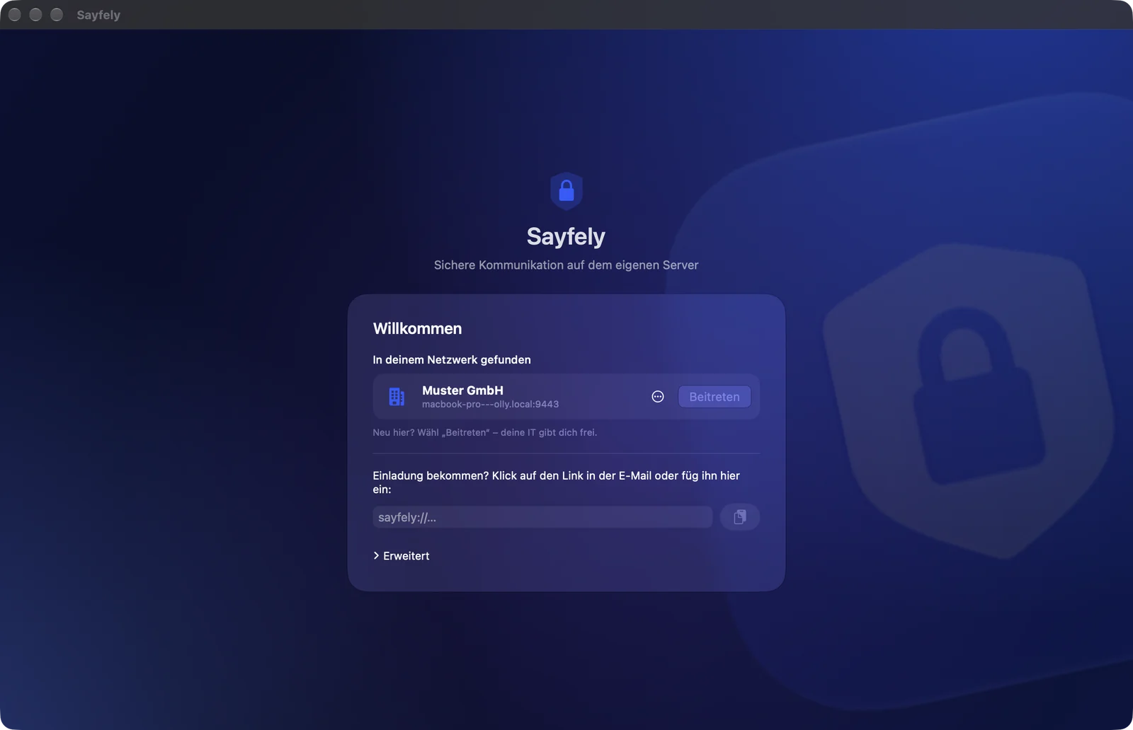 Startbildschirm von Sayfely mit dem gefundenen Firmenserver und den Knöpfen Beitreten und Weitere Optionen